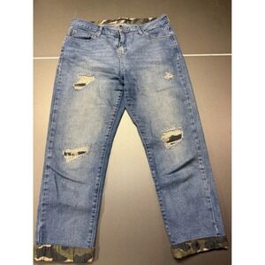 Collezione Medium Rise Distressed Camo Inset Jeans Medium Wash Blue Denim